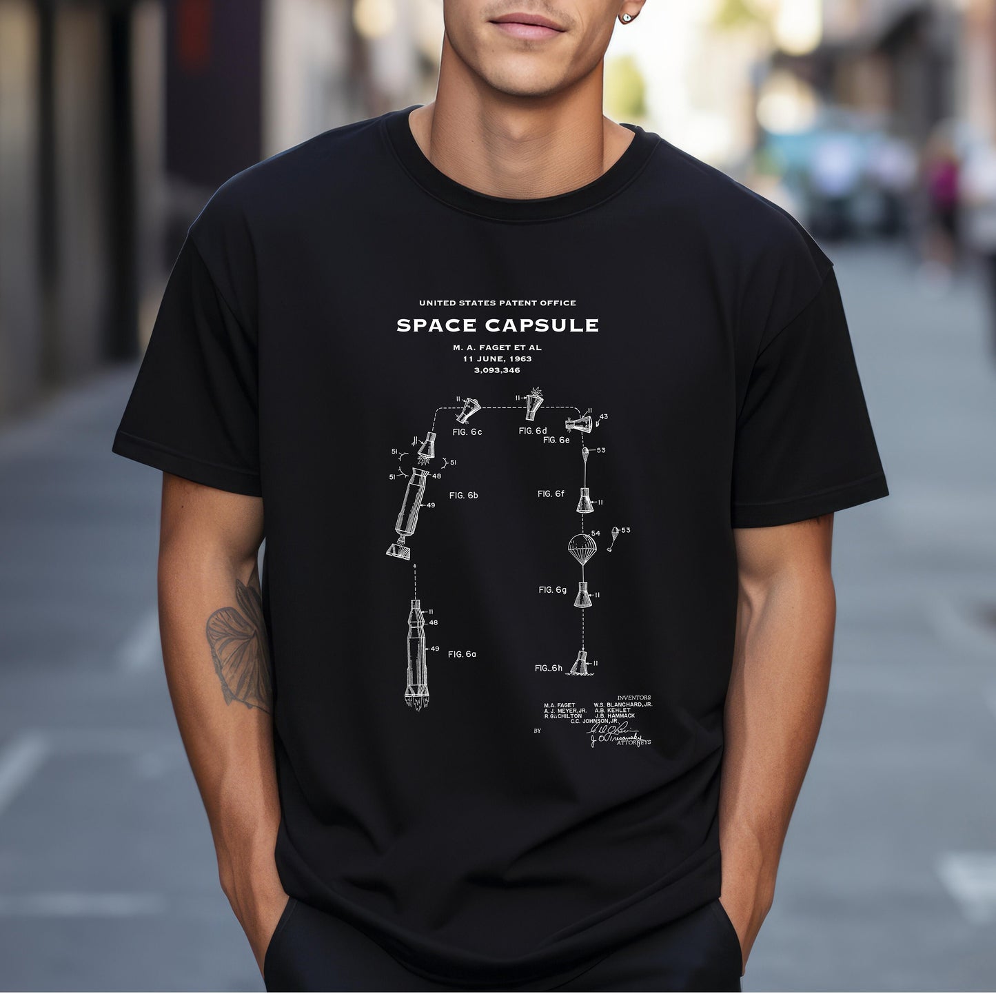 T shirt with US patent design from 1963 for a NASA space capsule showing launch and re entry perfect gift for NASA, engineers, scientist