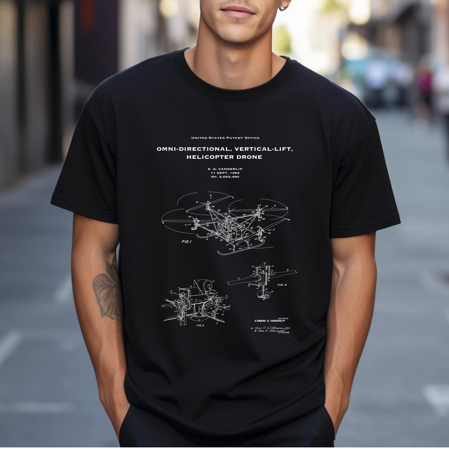 T shirt with US patent design from 1962 for an early  omni-directional vertical lift helicopter style drone perfect gift for aviation