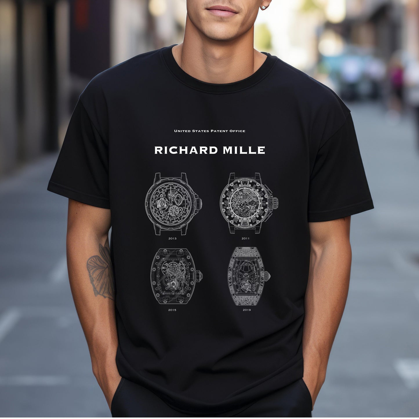 T shirt with US patent office designs of a variety of watch faces for Richard Mille watches. Perfect gift for watch collectors