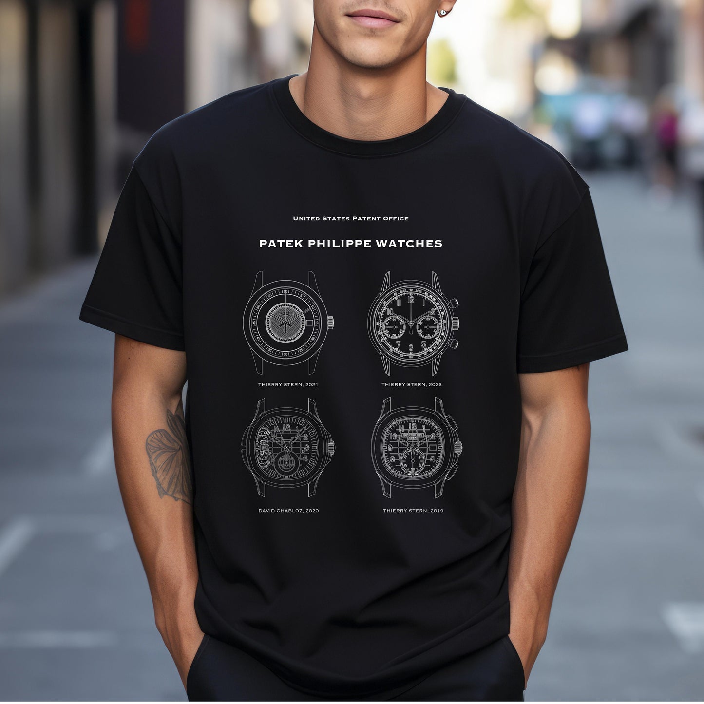 T shirt with US patent office designs of a variety of watch faces for Patek Philippe luxury watches. Perfect gift for watch collectors