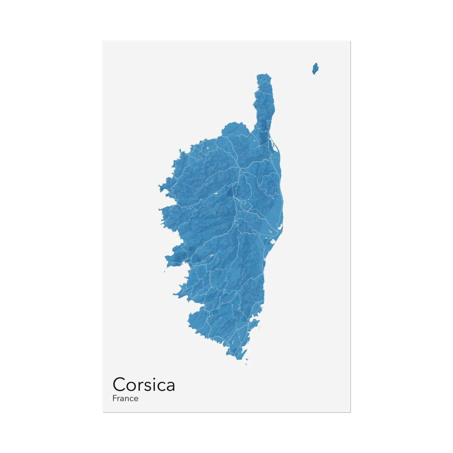 Corsica modern minimalist map print poster. Quality colourful poster of Corsica island in France on quality art paper