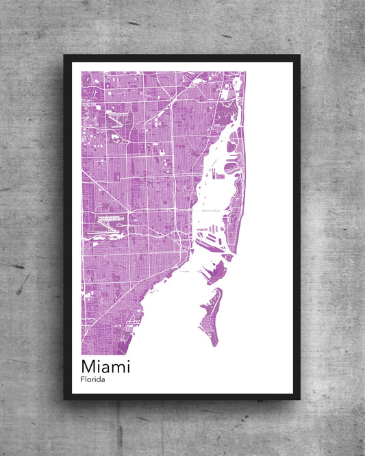 Miami modern minimalist map print poster. Quality colourful poster of Miami Florida on quality art paper