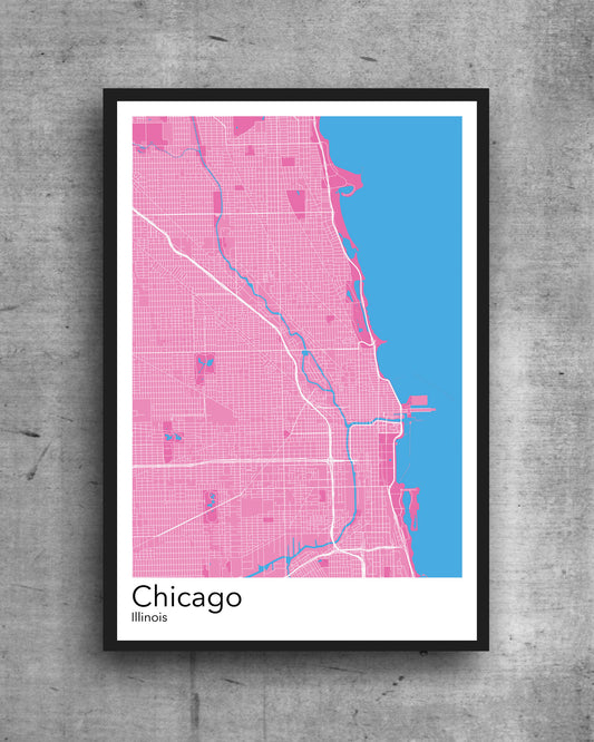 Chicago modern minimalist map print poster. Quality colourful poster of Chicago Illinois on quality art paper