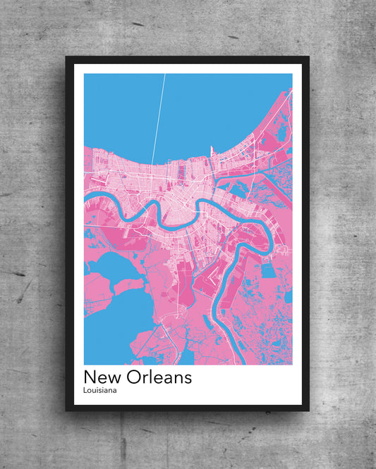 New Orleans  modern minimalist map print poster. Quality colourful poster of New Orleans Louisiana on quality art paper