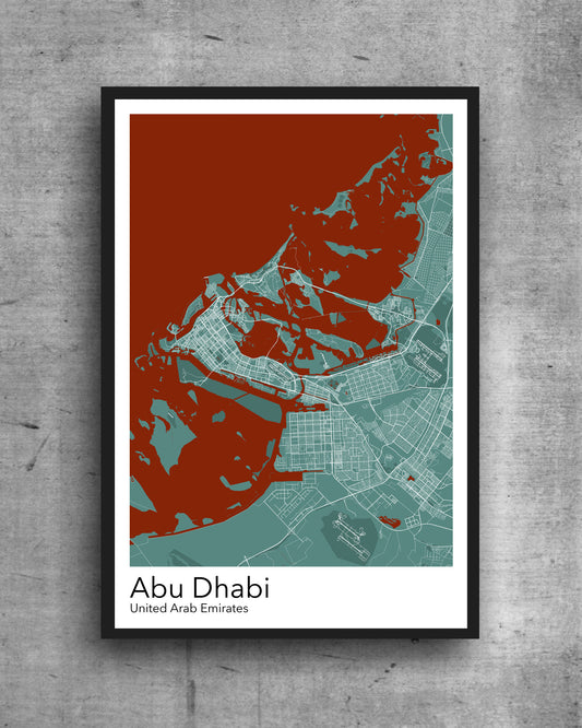 Abu Dhabi modern minimalist map print poster. A colourful poster of Abu Dhabi in United Arab Emirates on quality art paper