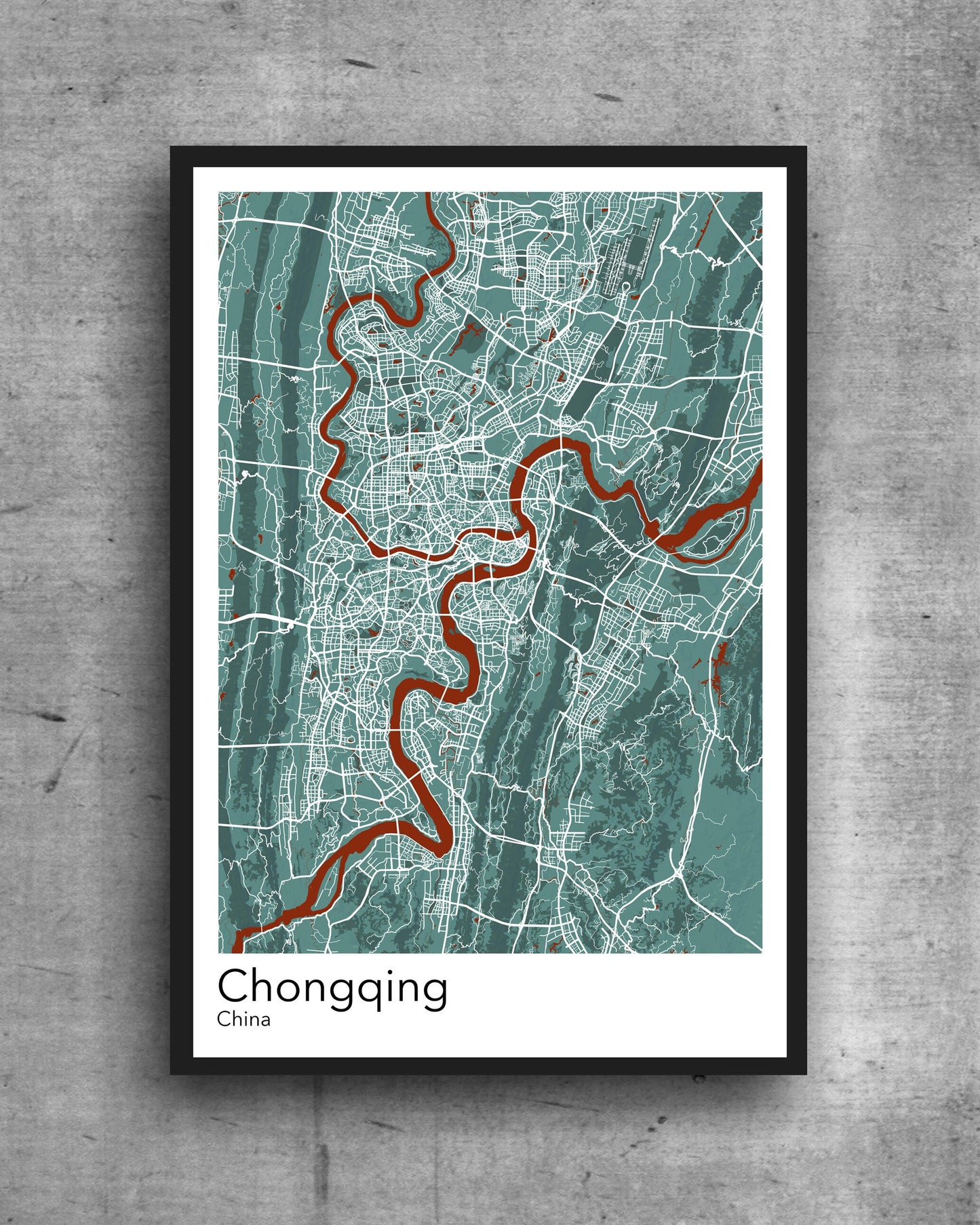 Chongqing modern minimalist map print poster. Quality colourful poster of Chongqing China on quality art paper