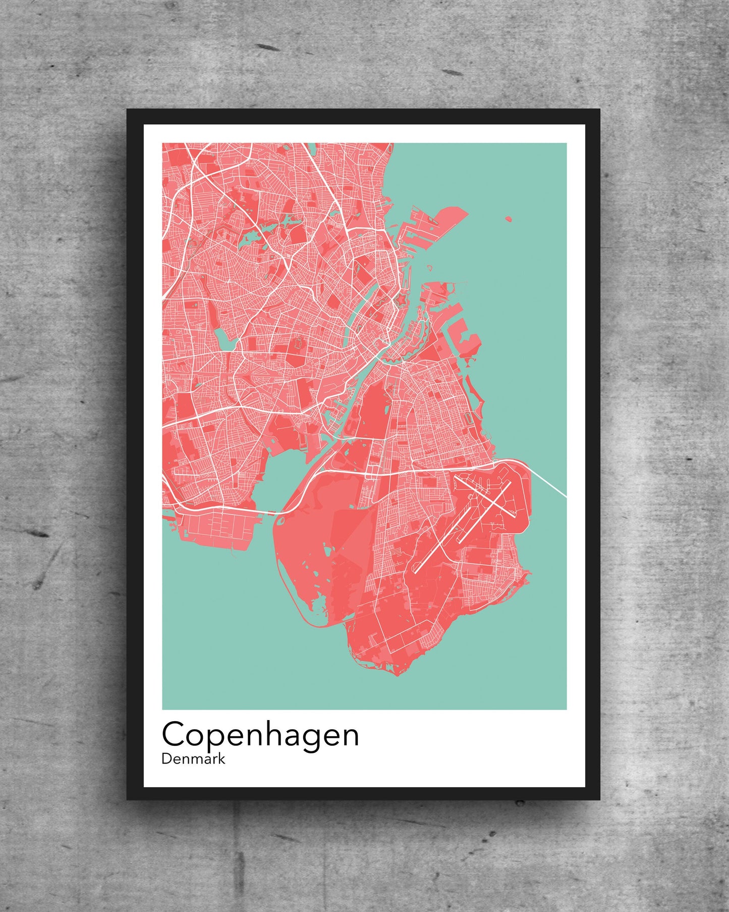 Copenhagen modern minimalist map print poster.  Quality colourful poster of Copenhagen Denmark on quality art paper