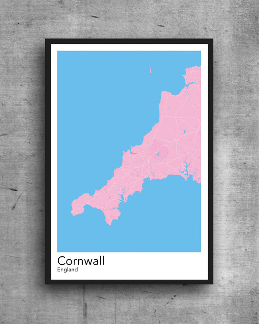 Cornwall modern minimalist map print poster. Quality colourful poster of Cornwall England on quality art paper