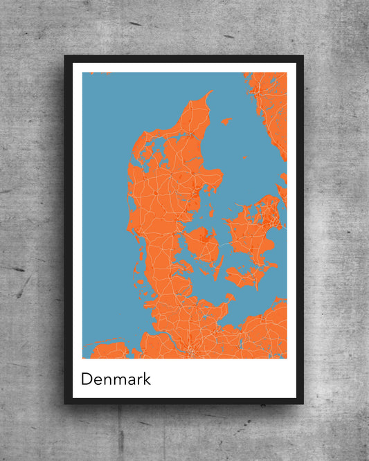 Denmark orange blue print A modern minimalist map print of  Quality colourful poster of on quality art paper