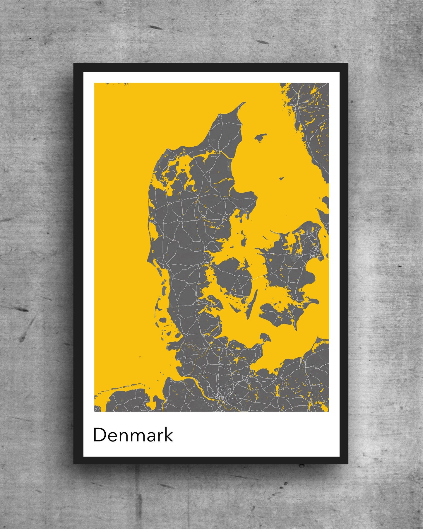 Denmark yellow print A modern minimalist map print of  Quality colourful poster of on quality art paper