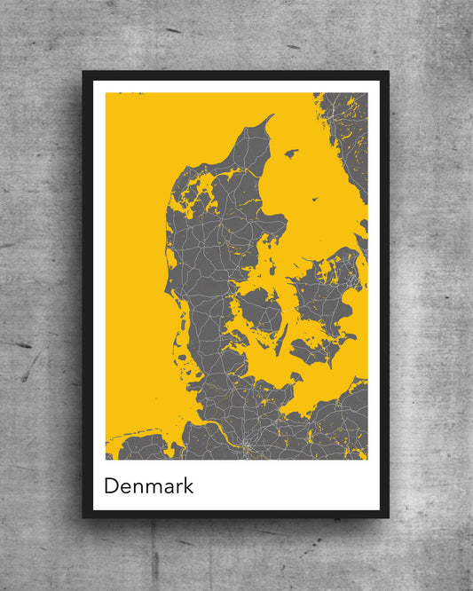 Denmark yellow print A modern minimalist map print of  Quality colourful poster of on quality art paper