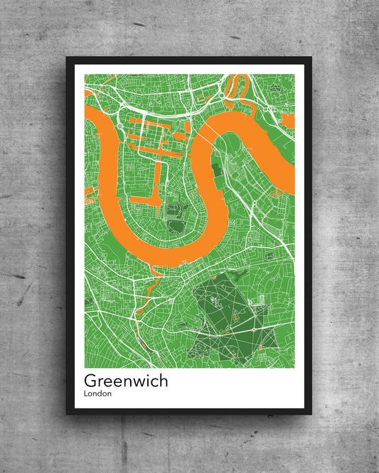 Greenwich modern minimalist map print poster. Quality colourful poster of Greenwich London on quality art paper