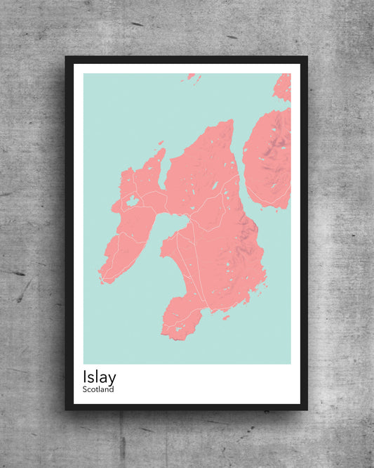 Islay modern minimalist map print poster. Quality colourful poster of Islay island in Scotland quality art paper