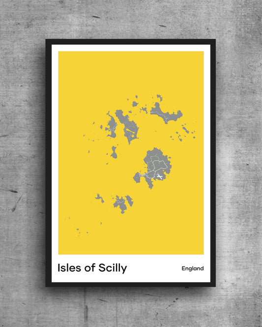 Isles of Scilly modern minimalist map print poster. Quality colourful poster of island of Scilly Isles England  on quality art paper