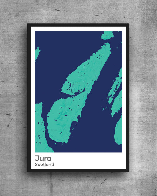 Jura modern minimalist map print poster. Quality colourful poster of island of Jura in Scotland on quality art paper