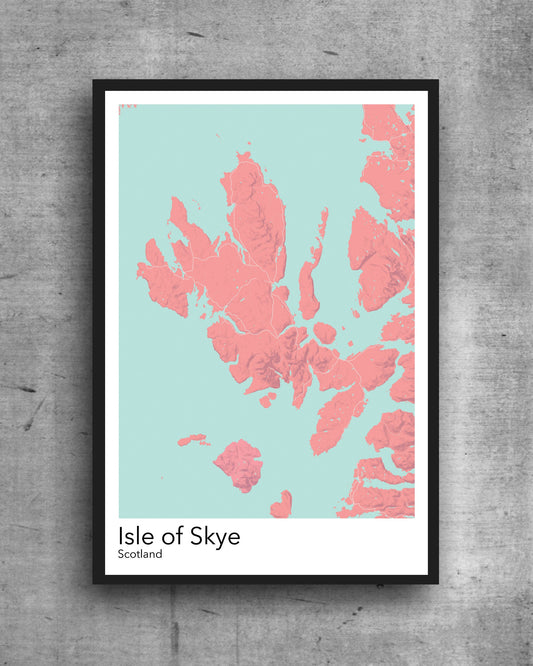 Isle of Skye modern minimalist map print poster. Quality colourful poster of Skye in Scotland on quality art paper