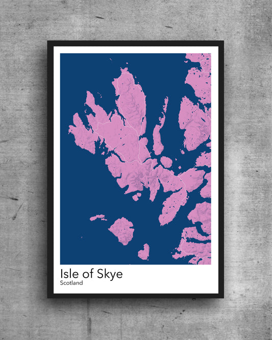 Isle of Skye modern minimalist map print poster. Quality colourful poster of Skye in Scotland on quality art paper