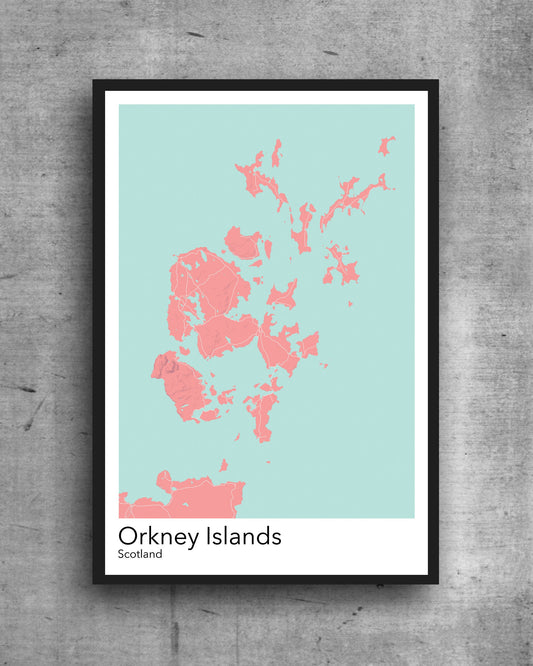 Orkney Islands modern minimalist map print poster. Quality colourful poster of Orkney in Scotland on quality art paper