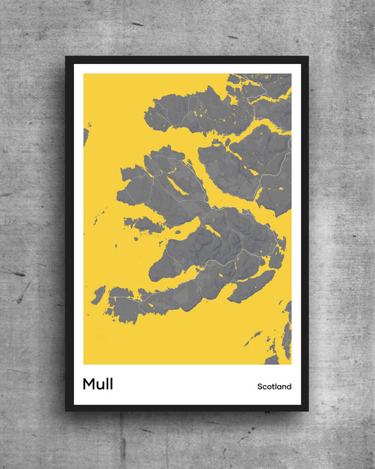 Mull modern minimalist map print poster. Quality colourful poster of island of Mull Scotland on quality art paper