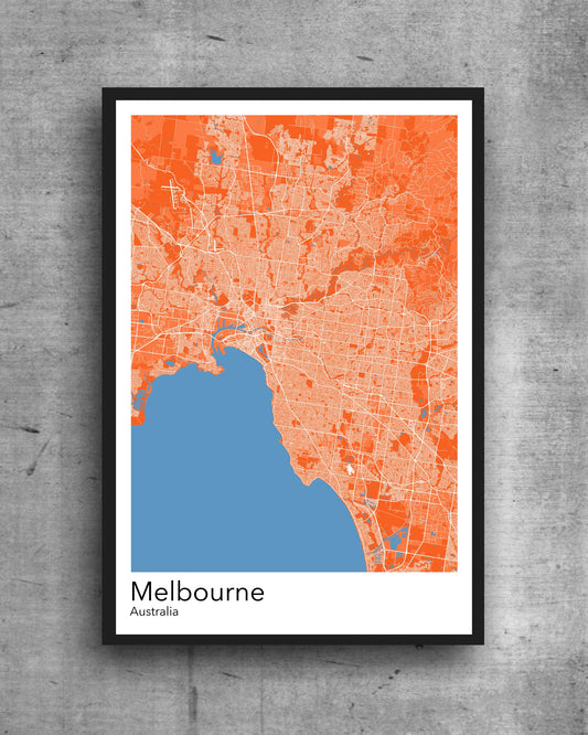 Melbourne modern minimalist map print poster. Quality colourful poster of Melbourne Australia on quality art paper