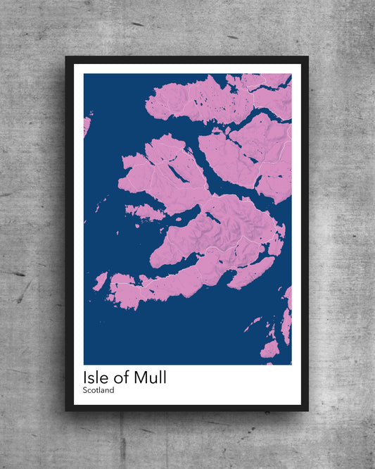 Mull modern minimalist map print poster. Quality colourful poster of island of Mull Scotland quality art paper