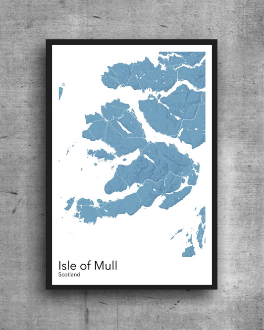 Mull modern minimalist map print poster. Quality colourful poster of island of Mull Scotland quality art paper