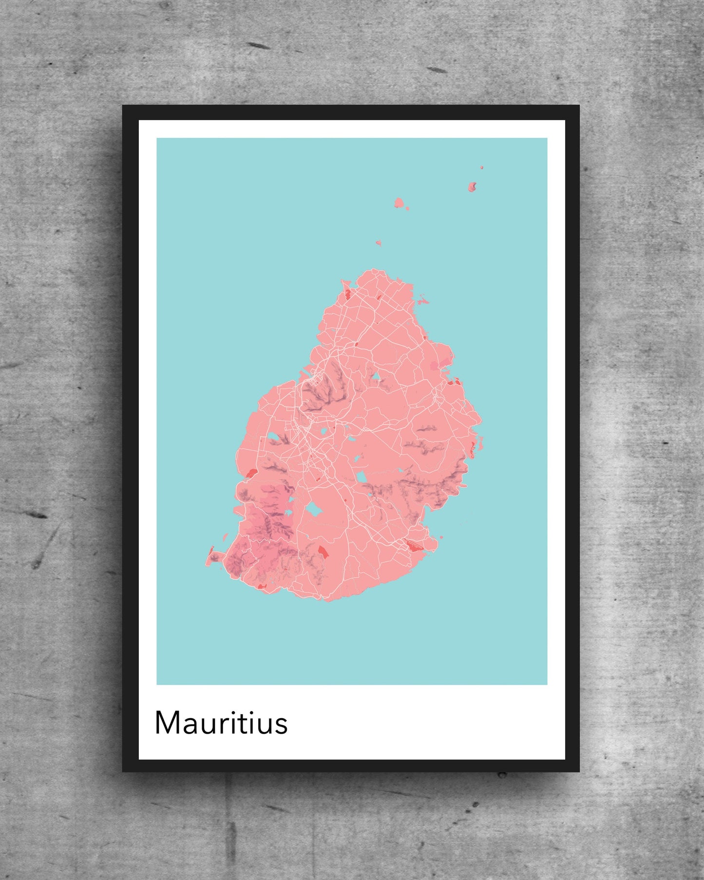 Mauritius modern minimalist map print poster. Quality colourful poster of Mauritius on quality art paper