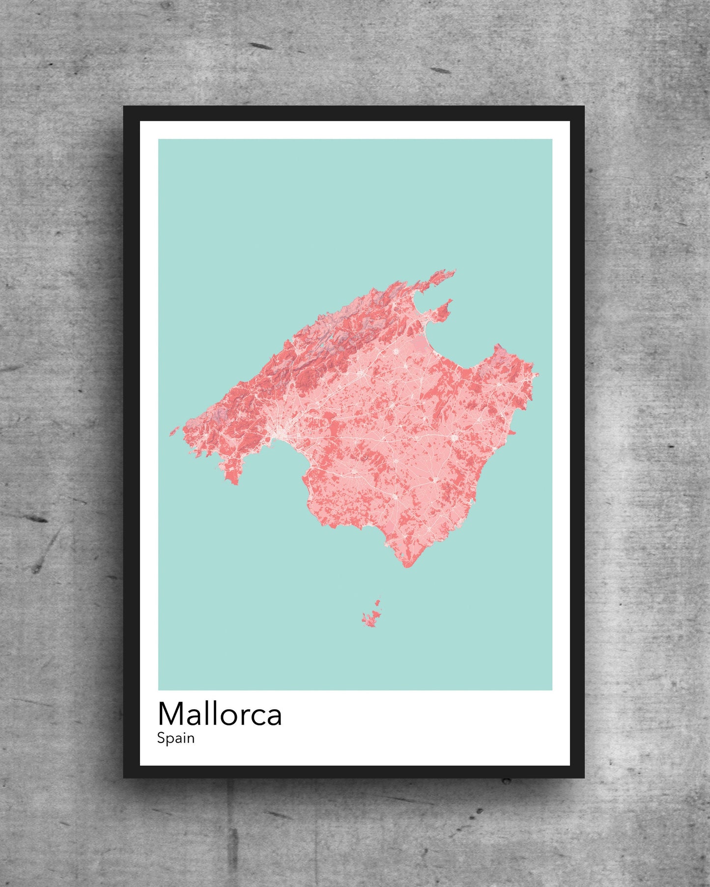 Mallorca modern minimalist map print poster.  Quality colourful poster of Mallorca island in Spain on quality art paper