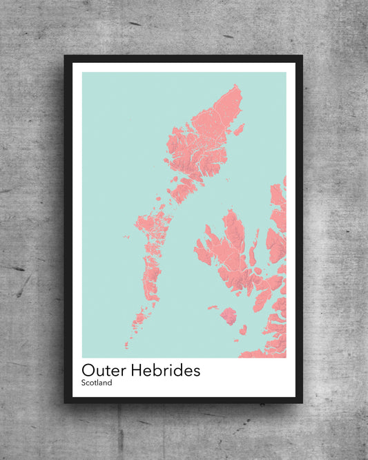 Outer Hebrides modern minimalist map print poster. Quality colourful poster of Outer Hebrides islands in Scotland quality art paper