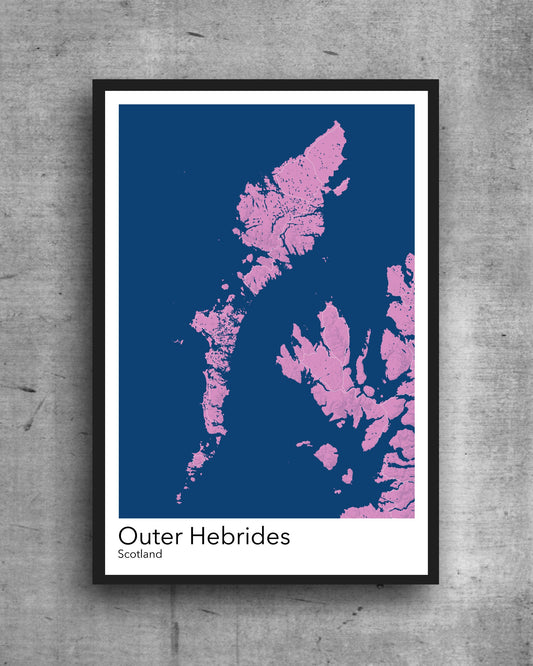 Outer Hebrides modern minimalist map print poster. Quality colourful poster of Outer Hebrides islands in Scotland quality art paper