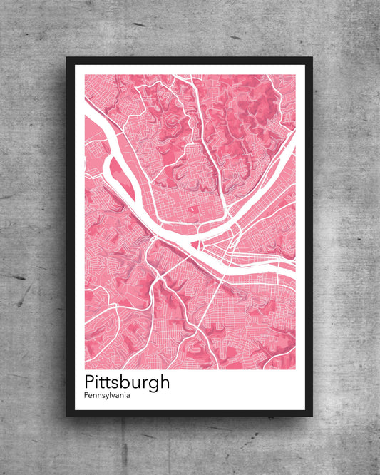 Pittsburgh modern minimalist map print poster. A  colourful poster of Pittsburgh Pennsylvania on quality art paper