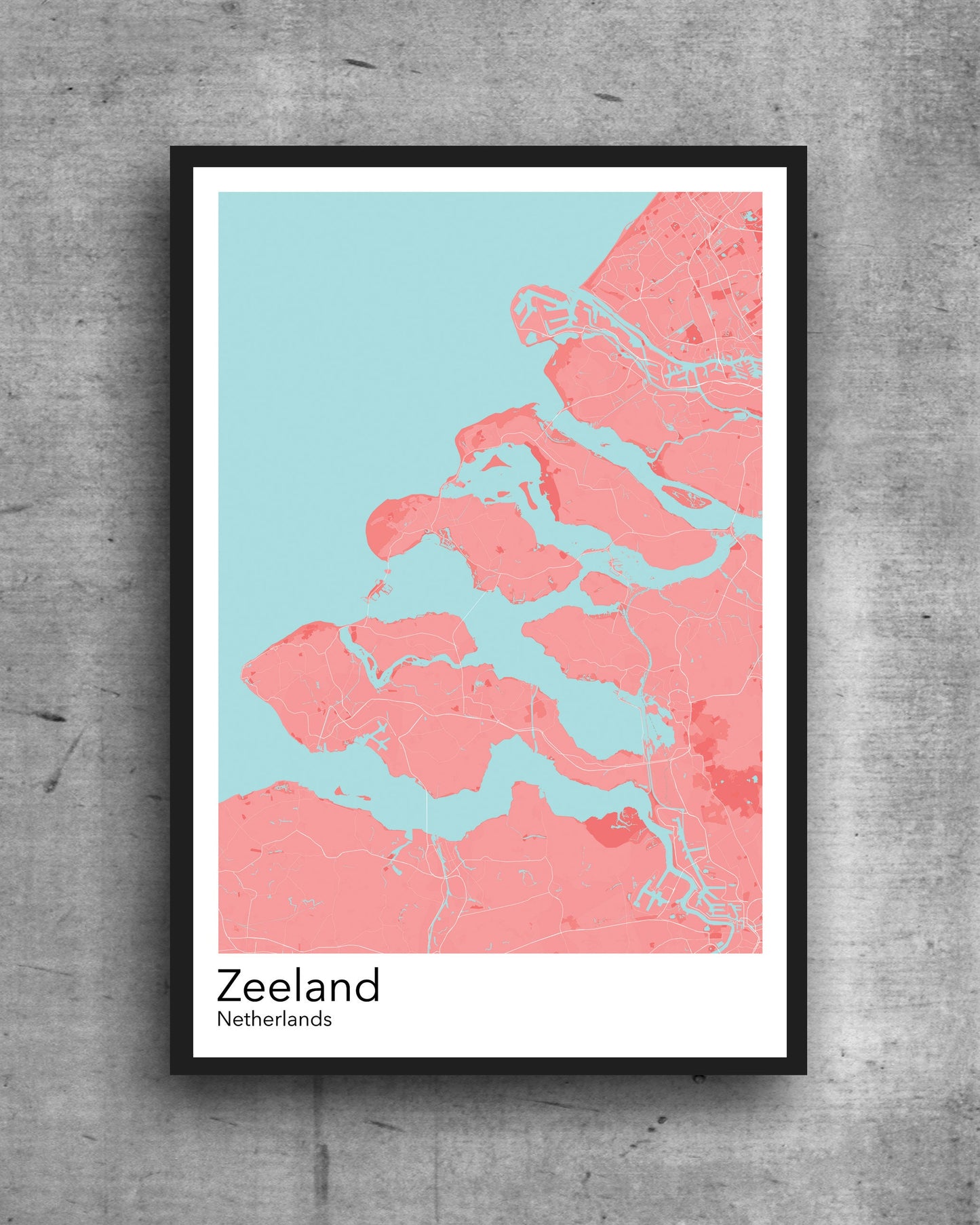 Zeeland modern minimalist map print poster.   Quality colourful poster of Zeeland region in Netherlands on quality art paper