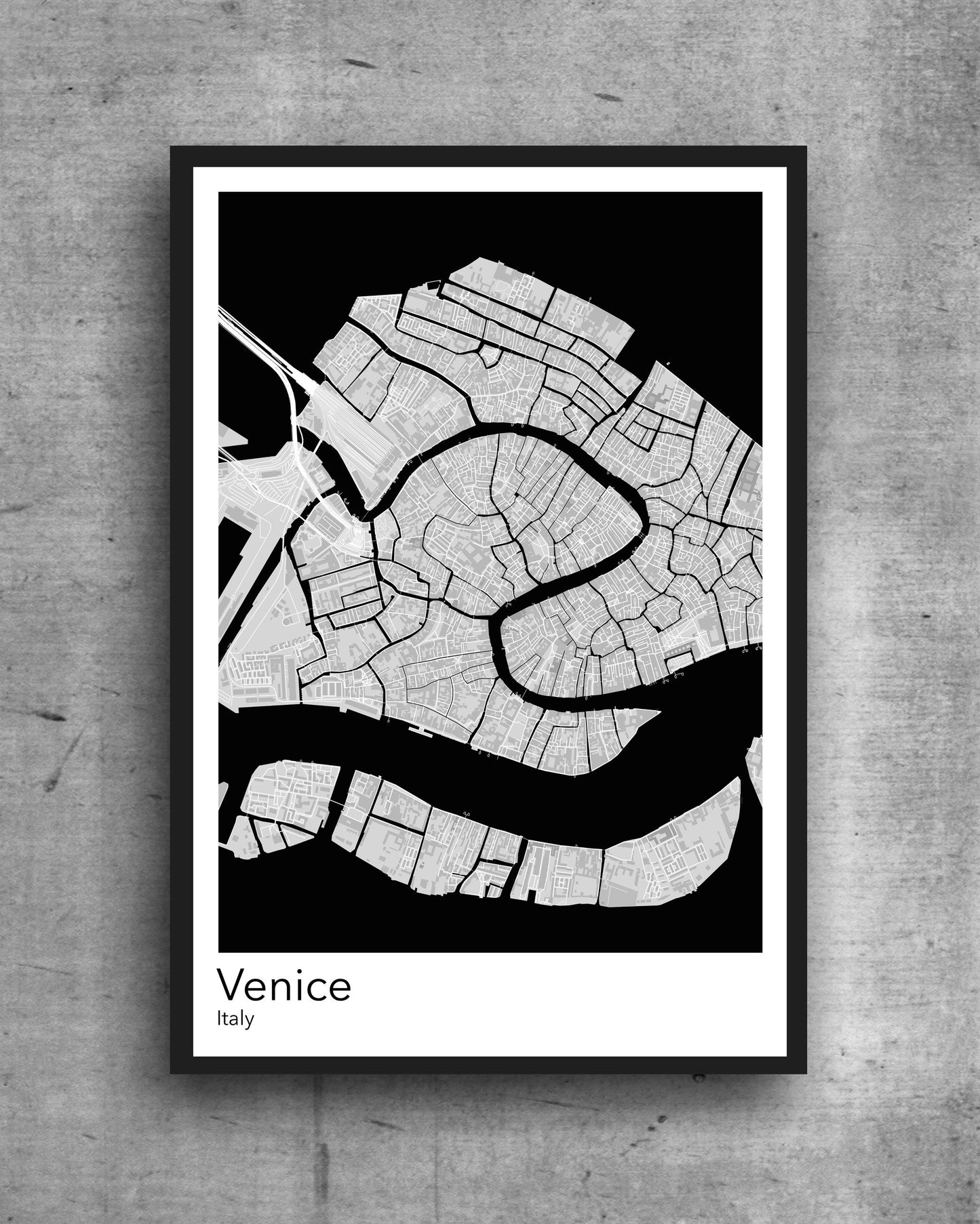 Venice black print A modern minimalist map print of  Quality colourful poster of on quality art paper