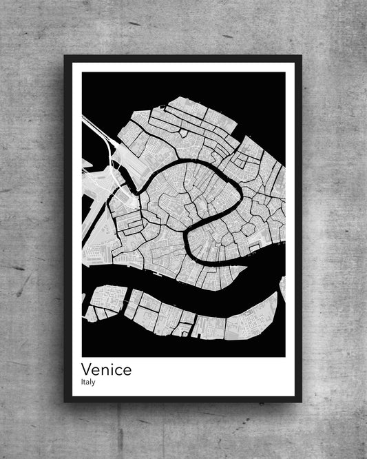 Venice black print A modern minimalist map print of  Quality colourful poster of on quality art paper